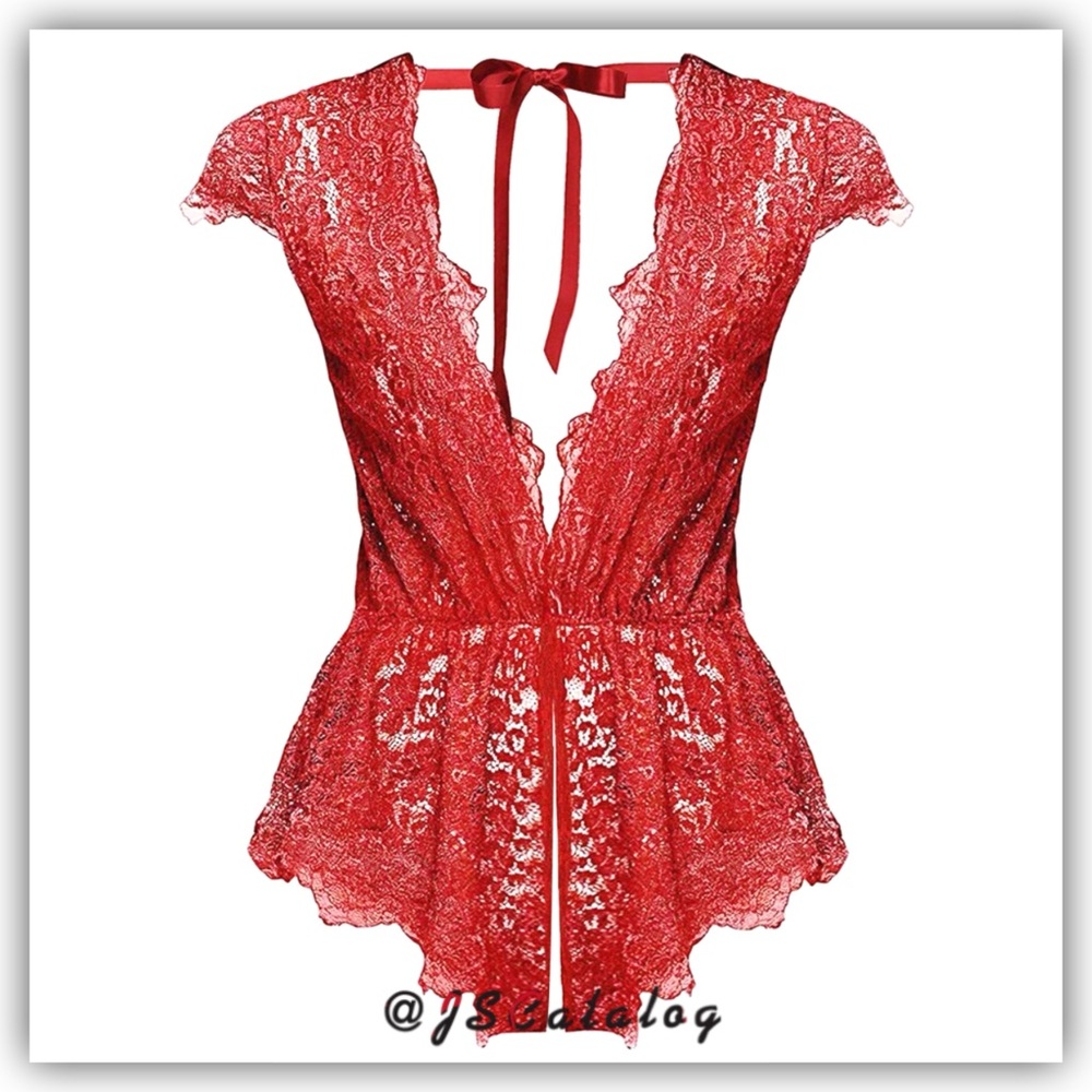 NEW Red Lingerie Open Crotch All Lace See Thru